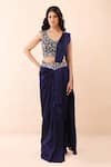 Priyanka Jain_Blue Dupion, Crinkle, Silk Embroidery, Pearls, Pre-draped Saree With Blouse _Online_at_Aza_Fashions