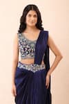 Shop_Priyanka Jain_Blue Dupion, Crinkle, Silk Embroidery, Pearls, Pre-draped Saree With Blouse _Online_at_Aza_Fashions