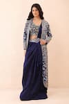 Buy_Priyanka Jain_Blue Dupion, Crinkle, Silk Embroidery, Pearls, Pre-draped Saree With Blouse 