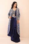 Shop_Priyanka Jain_Blue Dupion, Crinkle, Silk Embroidery, Pearls, Pre-draped Saree With Blouse 