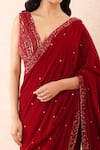 Priyanka Jain_Red Velvet Sequins, Beads V-neck Embroidered Pre-stitched Saree With Blouse _Online_at_Aza_Fashions