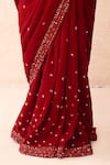 Buy_Priyanka Jain_Red Velvet Sequins, Beads V-neck Embroidered Pre-stitched Saree With Blouse _Online_at_Aza_Fashions