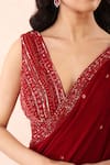 Shop_Priyanka Jain_Red Velvet Sequins, Beads V-neck Embroidered Pre-stitched Saree With Blouse _Online_at_Aza_Fashions