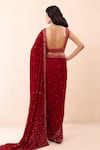 Shop_Priyanka Jain_Red Velvet Sequins, Beads V-neck Embroidered Pre-stitched Saree With Blouse _at_Aza_Fashions