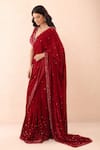 Priyanka Jain_Red Velvet Sequins, Beads V-neck Embroidered Pre-stitched Saree With Blouse _at_Aza_Fashions