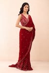 Buy_Priyanka Jain_Red Velvet Sequins, Beads V-neck Embroidered Pre-stitched Saree With Blouse 