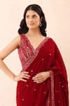 Shop_Priyanka Jain_Red Velvet Sequins, Beads V-neck Embroidered Pre-stitched Saree With Blouse 
