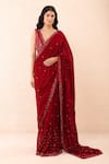 Buy_Priyanka Jain_Red Velvet Sequins, Beads V-neck Embroidered Pre-stitched Saree With Blouse _at_Aza_Fashions
