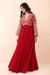Priyanka Jain_Red Velvet Sequins, Beads, Zari, Embroidery V-neck Aari Anarkali With Dupatta _Online_at_Aza_Fashions