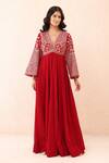 Buy_Priyanka Jain_Red Velvet Sequins, Beads, Zari, Embroidery V-neck Aari Anarkali With Dupatta _Online_at_Aza_Fashions