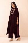Buy_Priyanka Jain_Wine Velvet Embroidery, Sequins, Pearls Mandarin Collar Dori Kaftan And Pant Set _Online_at_Aza_Fashions