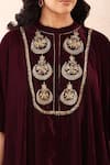 Priyanka Jain_Wine Velvet Embroidery, Sequins, Pearls Mandarin Collar Dori Kaftan And Pant Set _at_Aza_Fashions