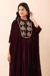 Buy_Priyanka Jain_Wine Velvet Embroidery, Sequins, Pearls Mandarin Collar Dori Kaftan And Pant Set 