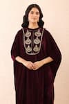 Shop_Priyanka Jain_Wine Velvet Embroidery, Sequins, Pearls Mandarin Collar Dori Kaftan And Pant Set 