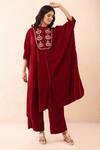 Priyanka Jain_Red Velvet Embroidery, Sequins, Pearls Mandarin Collar Dori Kaftan And Pant Set _Online_at_Aza_Fashions