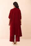 Shop_Priyanka Jain_Red Velvet Embroidery, Sequins, Pearls Mandarin Collar Dori Kaftan And Pant Set _at_Aza_Fashions