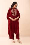 Buy_Priyanka Jain_Red Velvet Embroidery, Sequins, Pearls Mandarin Collar Dori Kaftan And Pant Set _Online_at_Aza_Fashions