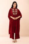 Buy_Priyanka Jain_Red Velvet Embroidery, Sequins, Pearls Mandarin Collar Dori Kaftan And Pant Set _at_Aza_Fashions