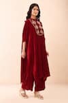 Shop_Priyanka Jain_Red Velvet Embroidery, Sequins, Pearls Mandarin Collar Dori Kaftan And Pant Set _Online_at_Aza_Fashions
