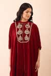 Priyanka Jain_Red Velvet Embroidery, Sequins, Pearls Mandarin Collar Dori Kaftan And Pant Set _at_Aza_Fashions