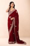 Buy_Priyanka Jain_Burgundy Velvet Embroidery, Sequins, Pearls, Zari Pre-draped Saree With Blouse _Online_at_Aza_Fashions