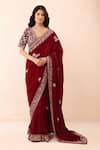 Buy_Priyanka Jain_Burgundy Velvet Embroidery, Sequins, Pearls, Zari Pre-draped Saree With Blouse _at_Aza_Fashions