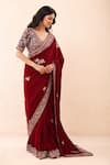Shop_Priyanka Jain_Burgundy Velvet Embroidery, Sequins, Pearls, Zari Pre-draped Saree With Blouse _Online_at_Aza_Fashions