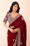 Priyanka Jain_Burgundy Velvet Embroidery, Sequins, Pearls, Zari Pre-draped Saree With Blouse _at_Aza_Fashions