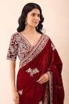 Buy_Priyanka Jain_Burgundy Velvet Embroidery, Sequins, Pearls, Zari Pre-draped Saree With Blouse 