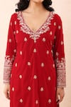 Buy_Priyanka Jain_Red Velvet Embroidery, Sequins, Pearls V-neck Aari Kurta Set _Online_at_Aza_Fashions