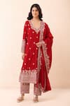 Buy_Priyanka Jain_Red Velvet Embroidery, Sequins, Pearls V-neck Aari Kurta Set _at_Aza_Fashions