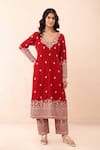 Priyanka Jain_Red Velvet Embroidery, Sequins, Pearls V-neck Aari Kurta Set _at_Aza_Fashions