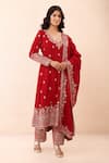 Buy_Priyanka Jain_Red Velvet Embroidery, Sequins, Pearls V-neck Aari Kurta Set 