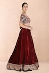 Priyanka Jain_Burgundy Velvet Embroidery, Sequins, Pearls, Metallic Thread V-neck Lehenga Set _Online_at_Aza_Fashions