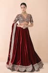 Buy_Priyanka Jain_Burgundy Velvet Embroidery, Sequins, Pearls, Metallic Thread V-neck Lehenga Set _at_Aza_Fashions