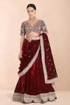 Buy_Priyanka Jain_Burgundy Velvet Embroidery, Sequins, Pearls, Metallic Thread V-neck Lehenga Set _Online_at_Aza_Fashions