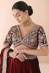 Shop_Priyanka Jain_Burgundy Velvet Embroidery, Sequins, Pearls, Metallic Thread V-neck Lehenga Set _Online_at_Aza_Fashions