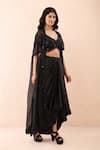 Priyanka Jain_Black Satin Sequins, Beads, Embroidery V-, Open Cape Dhoti Skirt Set _Online_at_Aza_Fashions