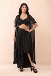 Buy_Priyanka Jain_Black Satin Sequins, Beads, Embroidery V-, Open Cape Dhoti Skirt Set _at_Aza_Fashions
