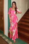 Buy_Aroop Shop India_Pink Moss Floral U Neck Print Short Kurta And Flared Pant Set 