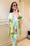 Shop_Aroop Shop India_Green Cotton, Silk Embroidery V-neck Luna Gardenia Print Kaftan Top With Pant _Online_at_Aza_Fashions