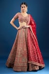 Buy_Azeera_Maroon Silk, Net Sequins, Beads, Zari, Embroidery V-neck Bridal Lehenga Set _at_Aza_Fashions