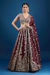 Buy_Samyukta Singhania_Maroon Silk Zari, Embroidery, Mirrors V-neck Floral Pattern Lehenga Set _at_Aza_Fashions