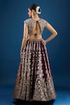 Shop_Samyukta Singhania_Maroon Silk Zari, Embroidery, Mirrors V-neck Floral Pattern Lehenga Set _at_Aza_Fashions