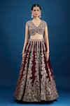 Samyukta Singhania_Maroon Silk Zari, Embroidery, Mirrors V-neck Floral Pattern Lehenga Set _Online_at_Aza_Fashions