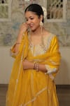 Vinita Bhansali_Yellow , Organza Embroidery V-neck Noorani Anarkali Set _at_Aza_Fashions