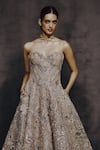 Dolly J_Beige Organza Sequins, Beads, Embroidery Opaline Bloom Floral Strapless Gown _Online_at_Aza_Fashions
