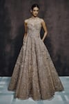 Buy_Dolly J_Beige Organza Sequins, Beads, Embroidery Opaline Bloom Floral Strapless Gown _at_Aza_Fashions