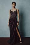 Buy_Dolly J_Wine Tulle, Silk Satin Beads, Sequins Aubergine Ember Embellished Gown _at_Aza_Fashions