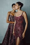 Dolly J_Red Tulle Sequins, Embroidery Scoop Neck Wine Celestia Embellished Gown _Online_at_Aza_Fashions